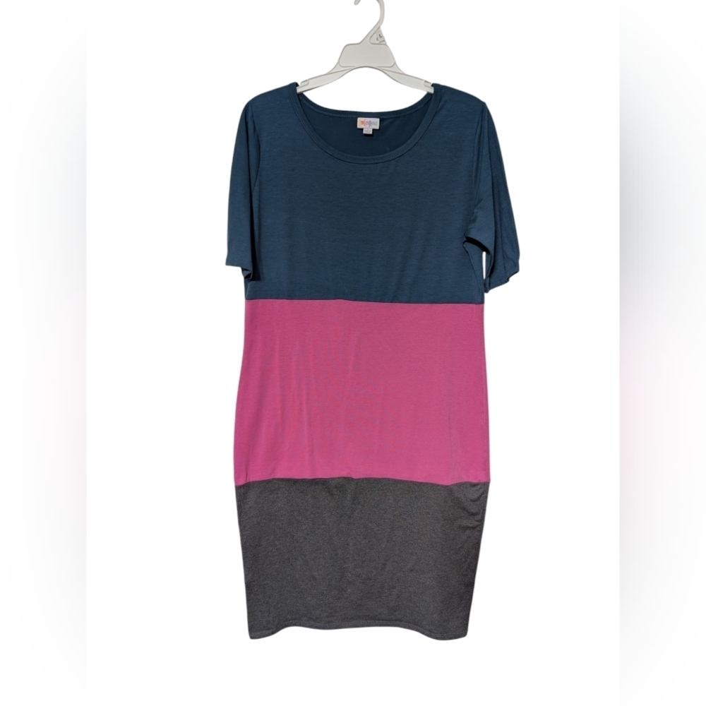 LuLaRoe Julia‎ Blue and Pink Color Block Short Sleeve Casual Midi Dress Large
